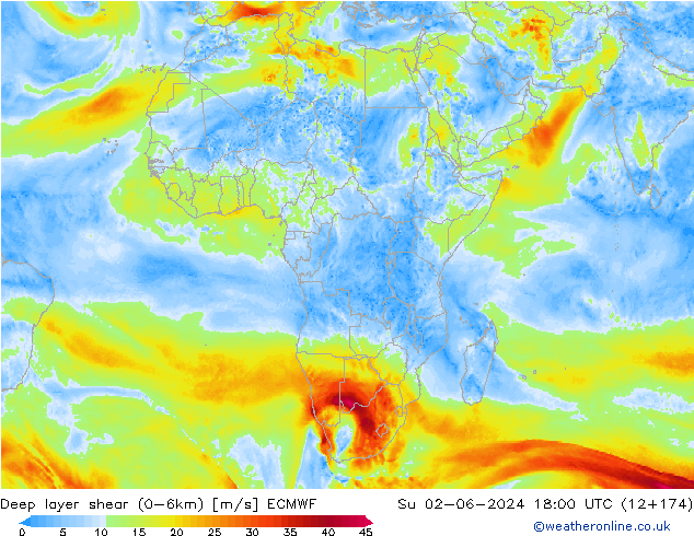 Deep layer shear (0-6km) ECMWF Su 02.06.2024 18 UTC