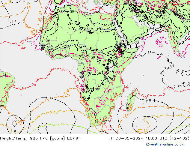 Height/Temp. 925 гПа ECMWF чт 30.05.2024 18 UTC