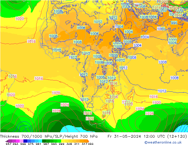 Thck 700-1000 hPa ECMWF ven 31.05.2024 12 UTC