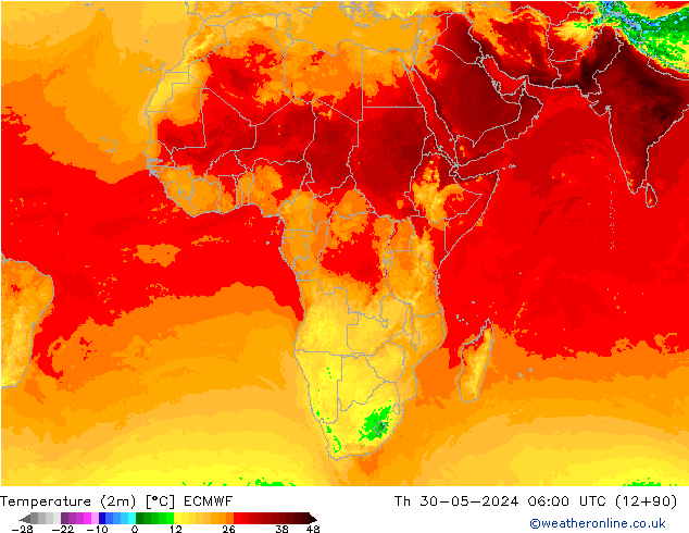 mapa temperatury (2m) ECMWF czw. 30.05.2024 06 UTC