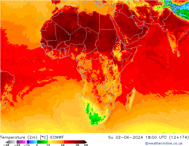 Temperatuurkaart (2m) ECMWF zo 02.06.2024 18 UTC