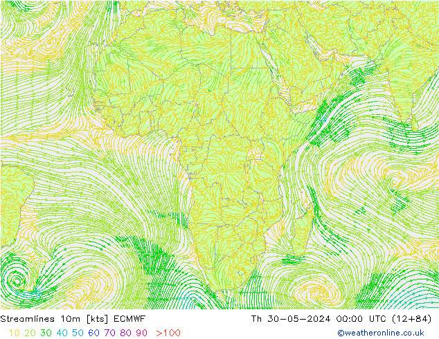 Streamlines 10m ECMWF Čt 30.05.2024 00 UTC