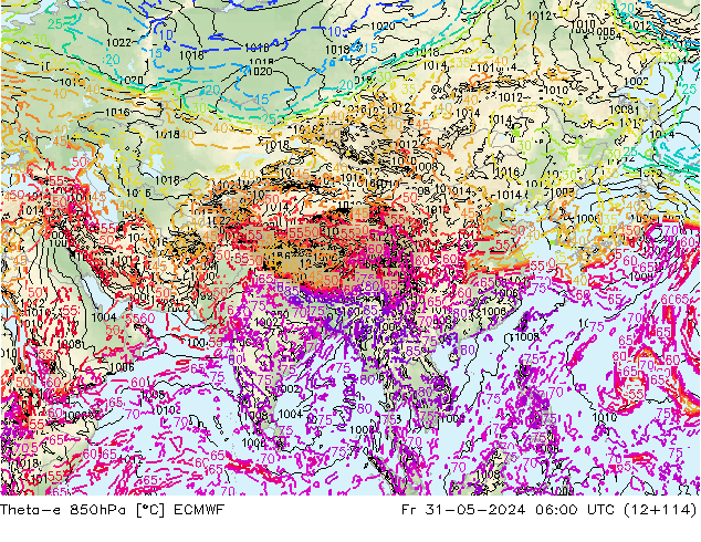 Theta-e 850hPa ECMWF ven 31.05.2024 06 UTC