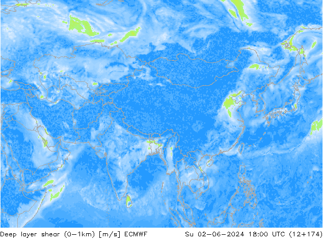 Deep layer shear (0-1km) ECMWF Paz 02.06.2024 18 UTC