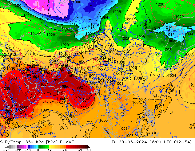 SLP/Temp. 850 hPa ECMWF mar 28.05.2024 18 UTC