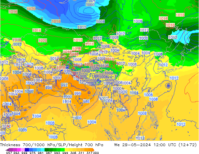 Thck 700-1000 hPa ECMWF śro. 29.05.2024 12 UTC