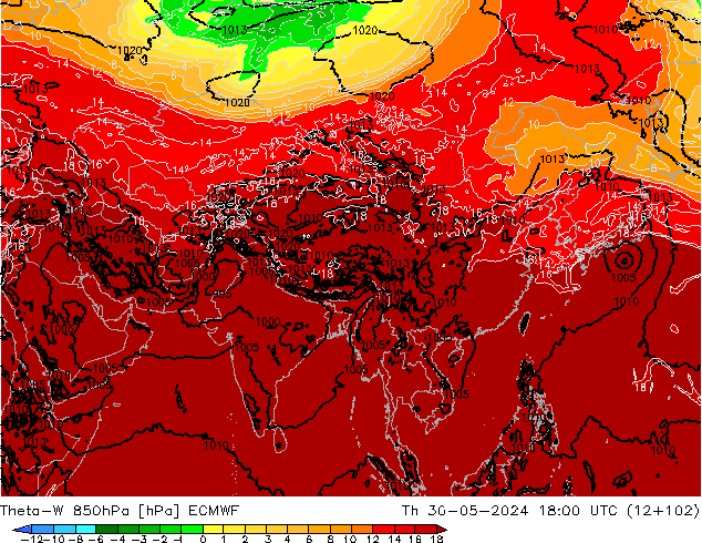 Theta-W 850hPa ECMWF jue 30.05.2024 18 UTC