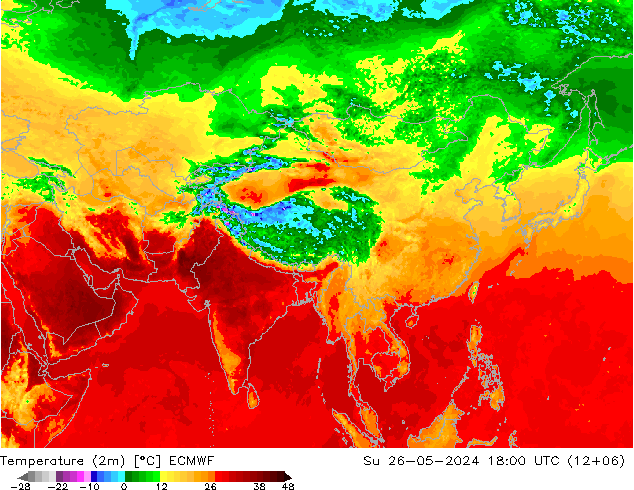 Temperatuurkaart (2m) ECMWF zo 26.05.2024 18 UTC