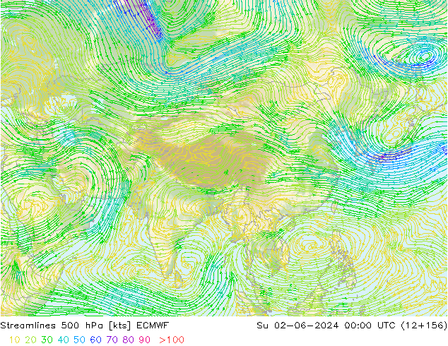 ветер 500 гПа ECMWF Вс 02.06.2024 00 UTC