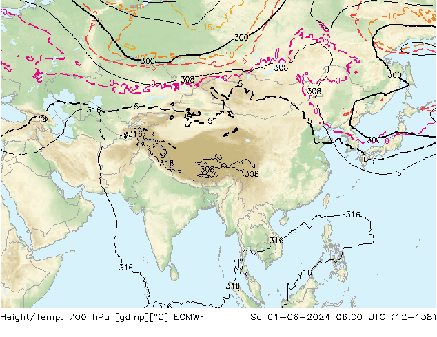 Geop./Temp. 700 hPa ECMWF sáb 01.06.2024 06 UTC