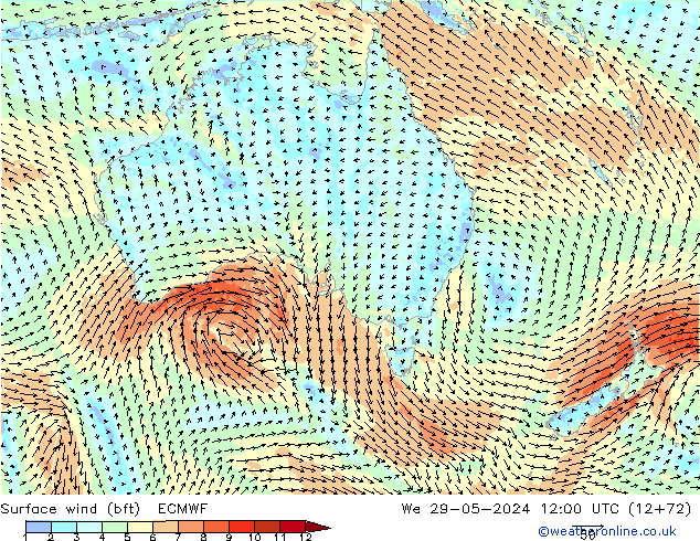 wiatr 10 m (bft) ECMWF śro. 29.05.2024 12 UTC