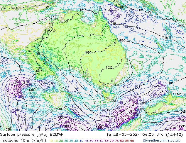 Isotachs (kph) ECMWF вт 28.05.2024 06 UTC