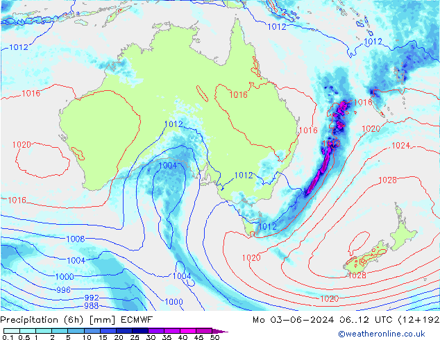 Precipitation (6h) ECMWF Po 03.06.2024 12 UTC