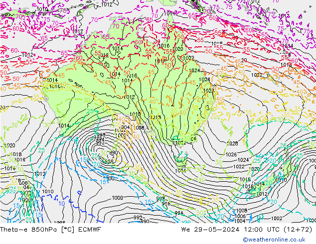 Theta-e 850hPa ECMWF śro. 29.05.2024 12 UTC