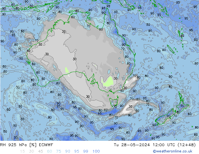 RH 925 hPa ECMWF Út 28.05.2024 12 UTC