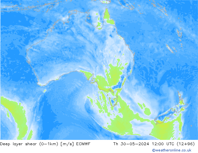 Deep layer shear (0-1km) ECMWF Do 30.05.2024 12 UTC
