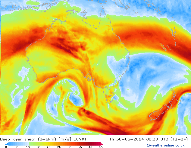 Deep layer shear (0-6km) ECMWF gio 30.05.2024 00 UTC