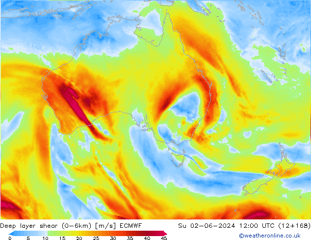 Deep layer shear (0-6km) ECMWF dom 02.06.2024 12 UTC