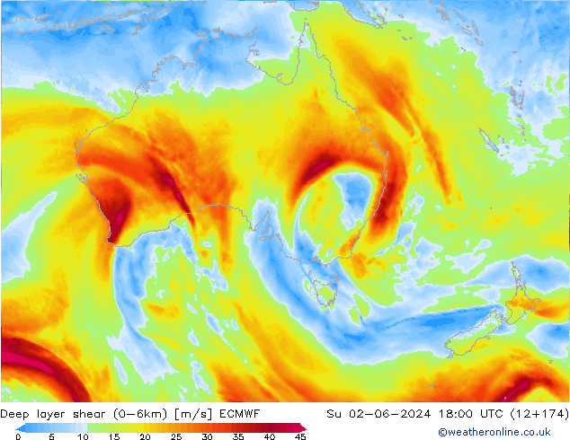 Deep layer shear (0-6km) ECMWF Ne 02.06.2024 18 UTC