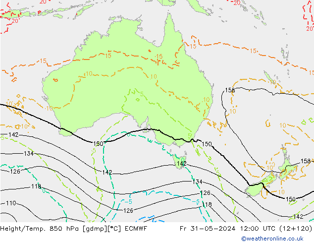 Hoogte/Temp. 850 hPa ECMWF vr 31.05.2024 12 UTC