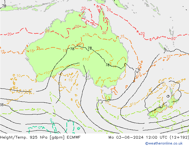 Height/Temp. 925 hPa ECMWF Mo 03.06.2024 12 UTC