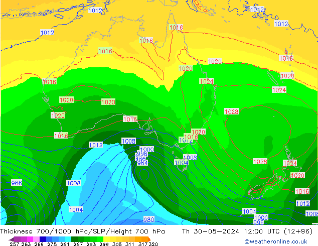 Thck 700-1000 hPa ECMWF Th 30.05.2024 12 UTC