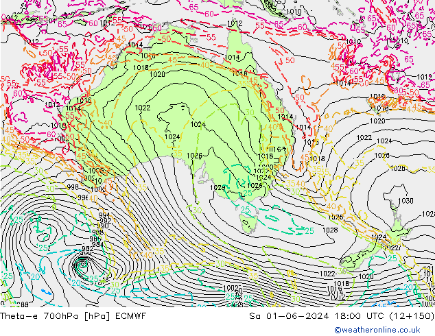 Theta-e 700hPa ECMWF Sa 01.06.2024 18 UTC