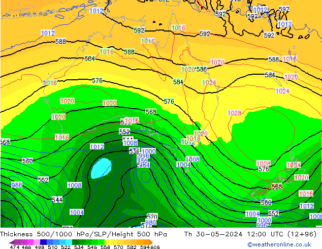 Thck 500-1000гПа ECMWF чт 30.05.2024 12 UTC