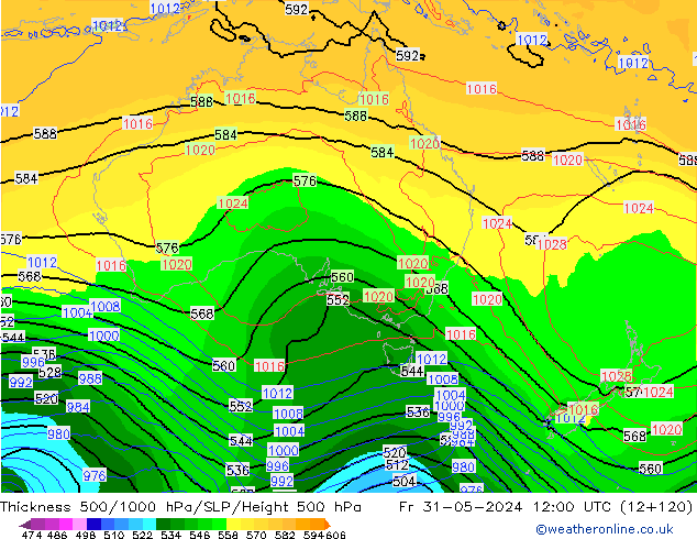 Thck 500-1000hPa ECMWF Fr 31.05.2024 12 UTC