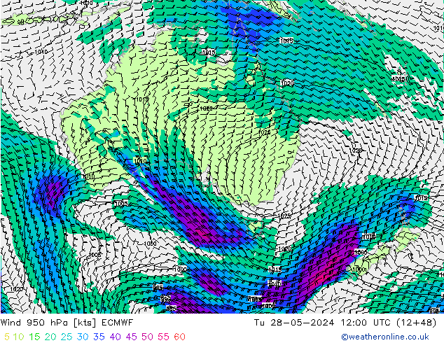 Wind 950 hPa ECMWF Út 28.05.2024 12 UTC