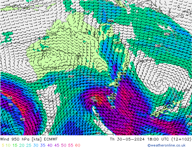 Wind 950 hPa ECMWF Th 30.05.2024 18 UTC