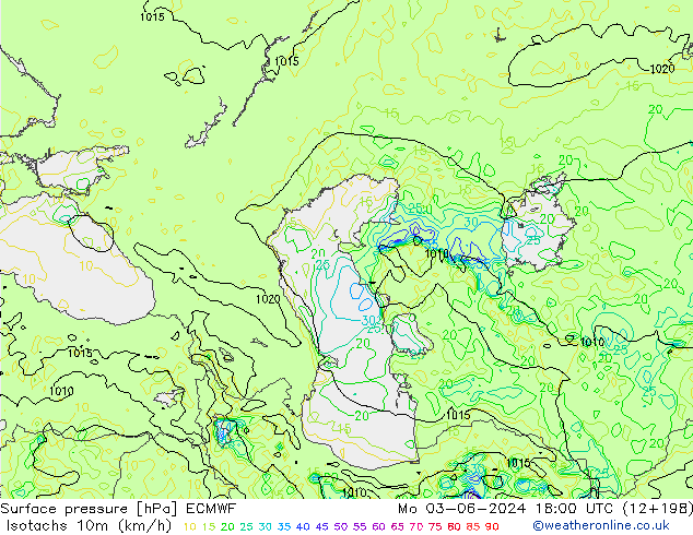 Isotachs (kph) ECMWF пн 03.06.2024 18 UTC