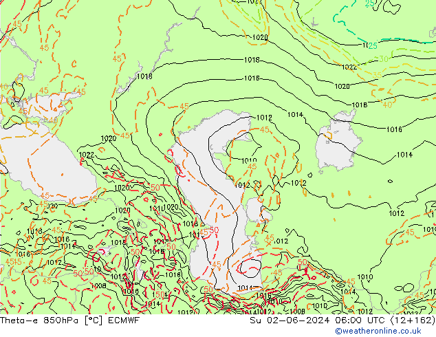 Theta-e 850hPa ECMWF Dom 02.06.2024 06 UTC