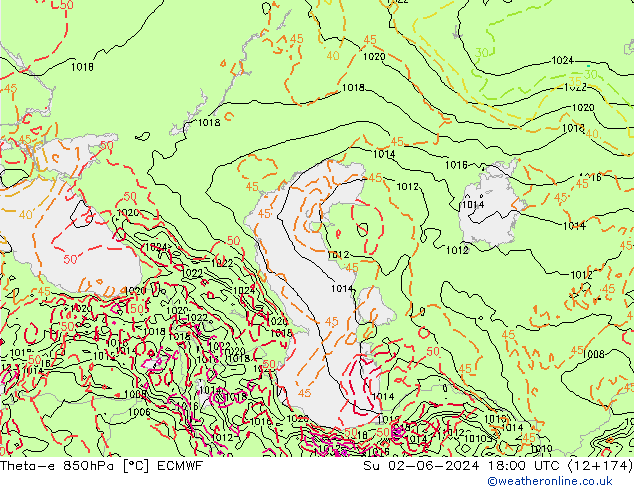 Theta-e 850hPa ECMWF Dom 02.06.2024 18 UTC