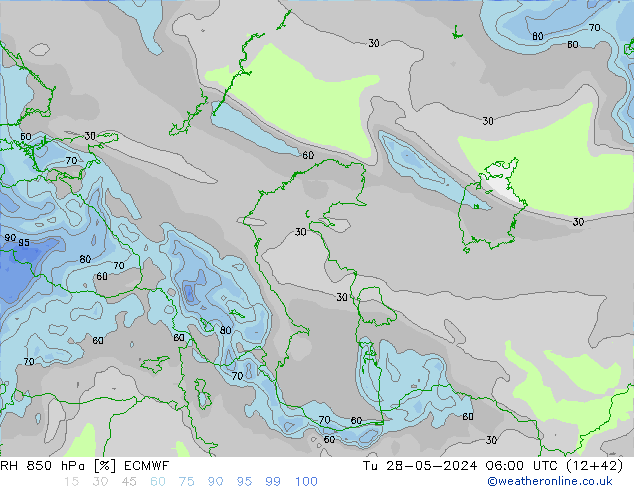 Humedad rel. 850hPa ECMWF mar 28.05.2024 06 UTC