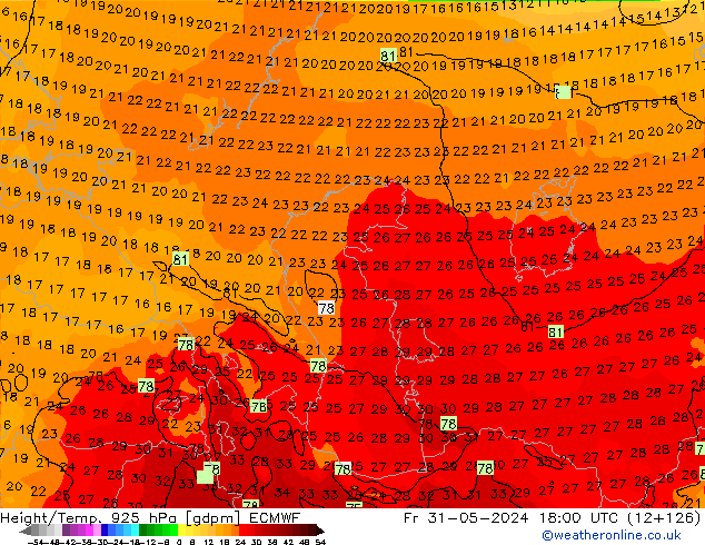 Height/Temp. 925 hPa ECMWF Fr 31.05.2024 18 UTC