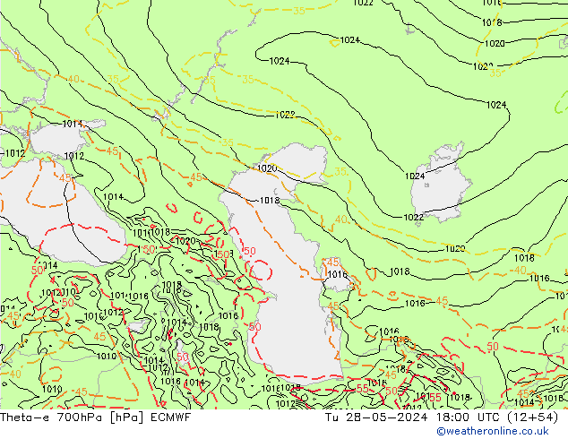 Theta-e 700hPa ECMWF Tu 28.05.2024 18 UTC