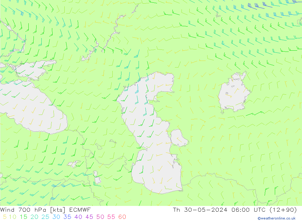 Wind 700 hPa ECMWF Čt 30.05.2024 06 UTC