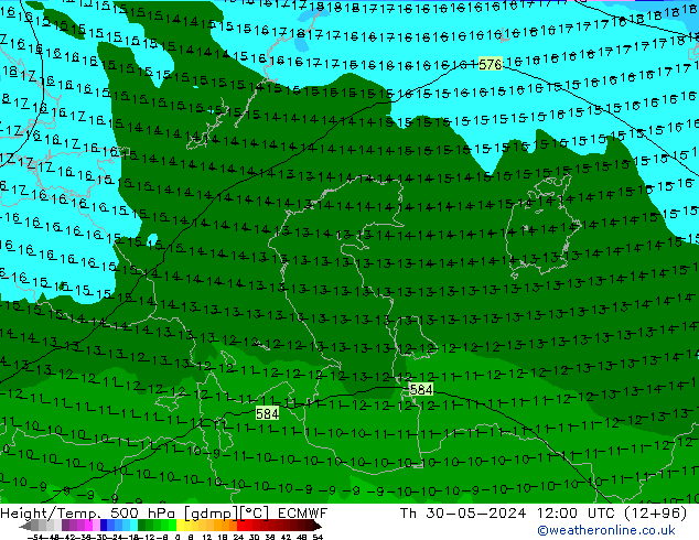 Z500/Rain (+SLP)/Z850 ECMWF Čt 30.05.2024 12 UTC