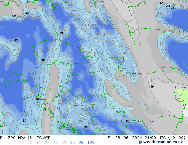 Humedad rel. 300hPa ECMWF dom 26.05.2024 21 UTC