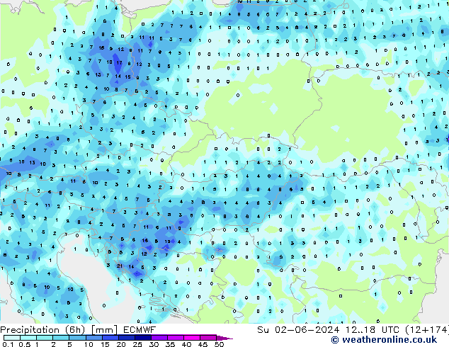 Totale neerslag (6h) ECMWF zo 02.06.2024 18 UTC