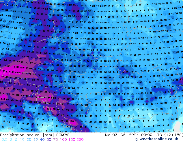 Precipitation accum. ECMWF Mo 03.06.2024 00 UTC