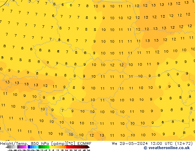 Hoogte/Temp. 850 hPa ECMWF wo 29.05.2024 12 UTC