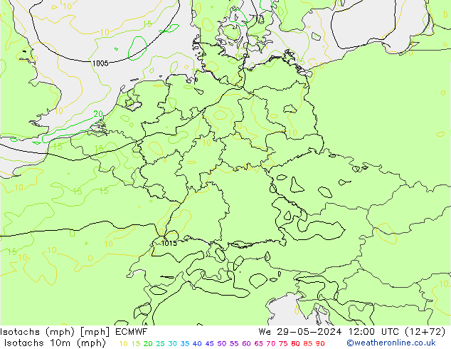 Isotachs (mph) ECMWF mer 29.05.2024 12 UTC