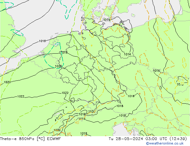 Theta-e 850hPa ECMWF Tu 28.05.2024 03 UTC