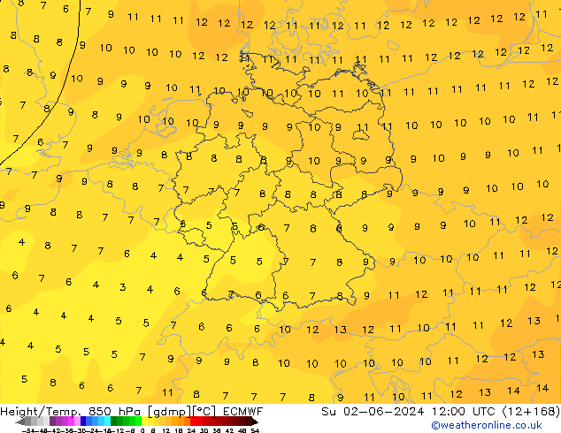 Geop./Temp. 850 hPa ECMWF dom 02.06.2024 12 UTC