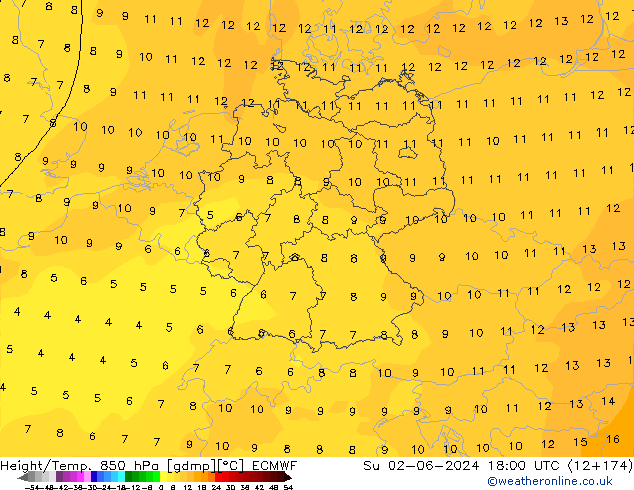 Geop./Temp. 850 hPa ECMWF dom 02.06.2024 18 UTC