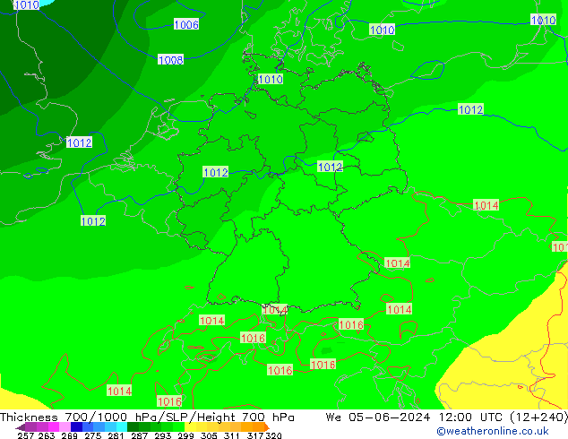 Schichtdicke 700-1000 hPa ECMWF Mi 05.06.2024 12 UTC