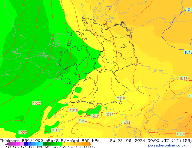 Espesor 850-1000 hPa ECMWF dom 02.06.2024 00 UTC