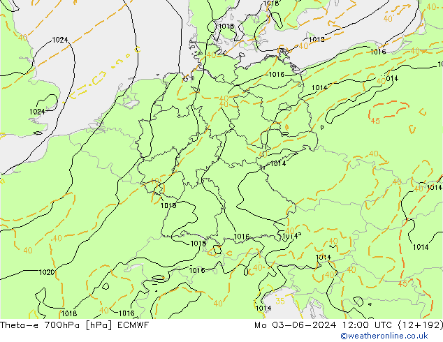 Theta-e 700hPa ECMWF pon. 03.06.2024 12 UTC